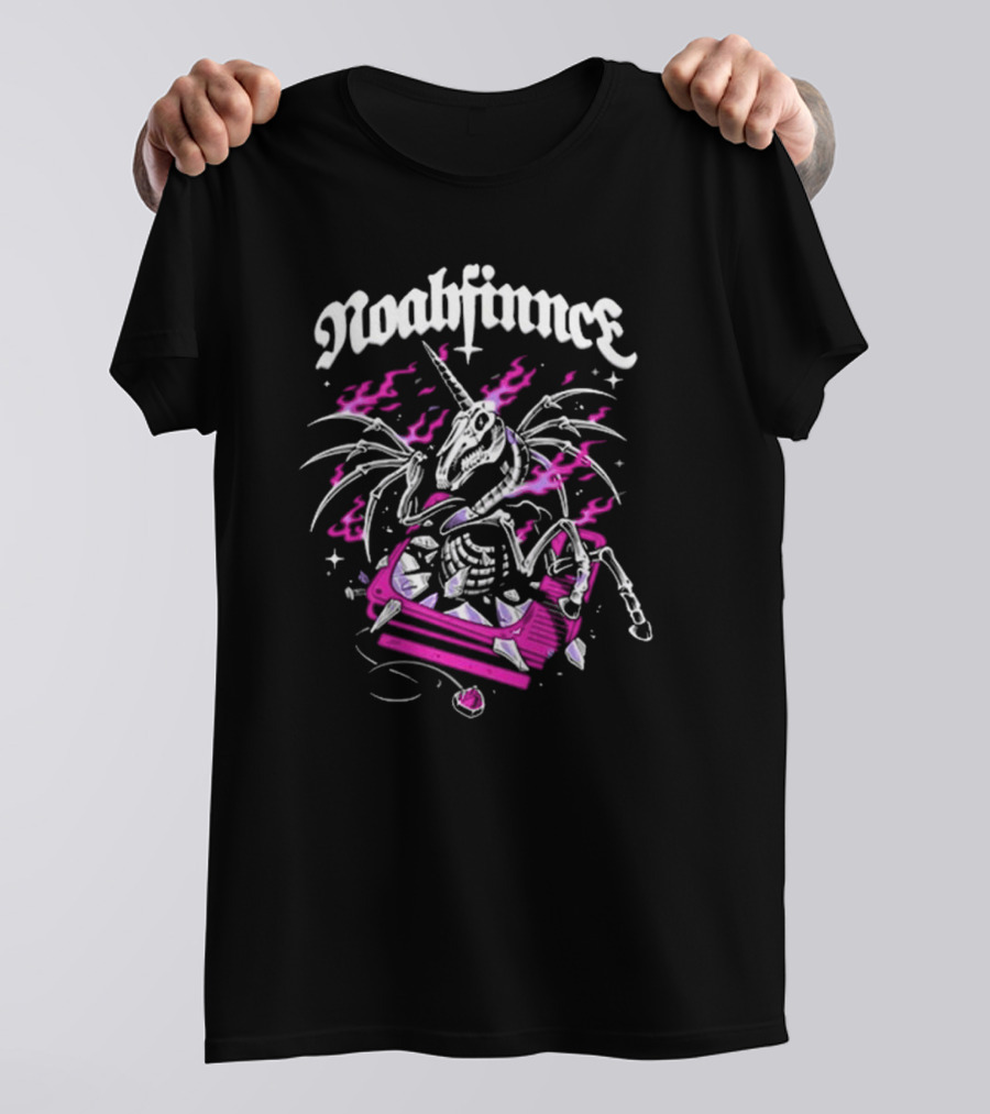 Noahfinnce Skeleton Unicorn Riding Pink Car With Wings And Flames T-Shirt