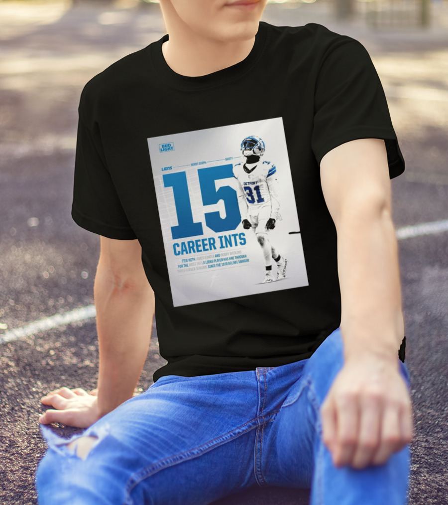 Detroit Lions Kerby Joseph 15 Career INTs Tied With James Hunter And Bobby Watkins Most INTs Since 1970 AFL-NFL Merger T-Shirt