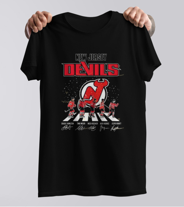 New Jersey Devils Dougie Hamilton Timo Meier Nico Hischier Jack Hughes Jesper Bratt Walking Signatures T-Shirt