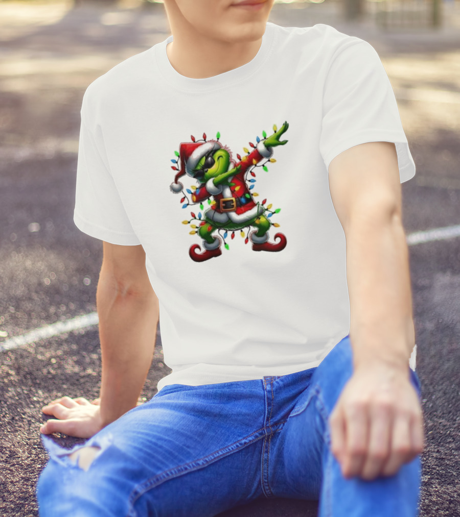 Santa Grinch Dabbing Festive Lights Merry Christmas T-Shirt