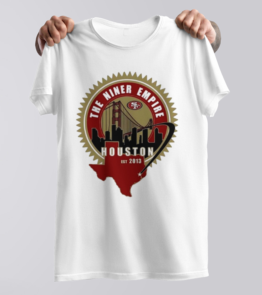 San Francisco 49ers NFL The Niner Empire Houston Est 2013 Golden Gate Bridge Skyline Badge T-Shirt