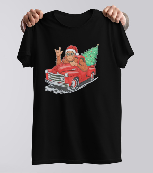 Bigfoot Rock On Santa Hat Christmas Tree Driving Red Truck T-Shirt