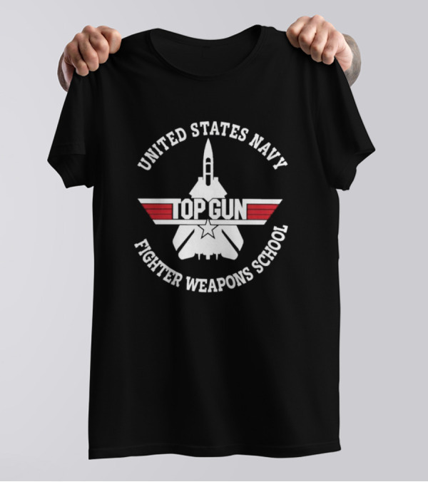 United States Navy Top Gun Fighter Weapons School Emblem With Jet Silhouette And Red Stripes T-Shirt