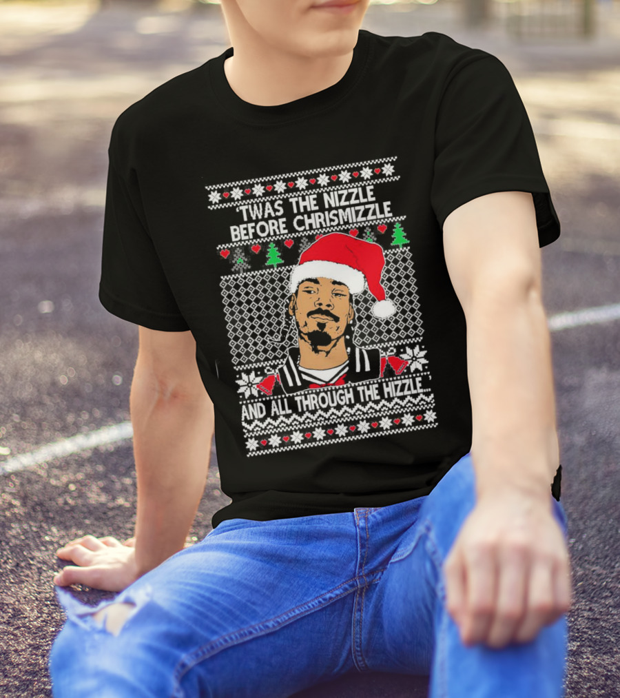 Snoop Dogg Twas The Nizzle Before Chrismizzle Santa Hat Pattern Christmas T-Shirt