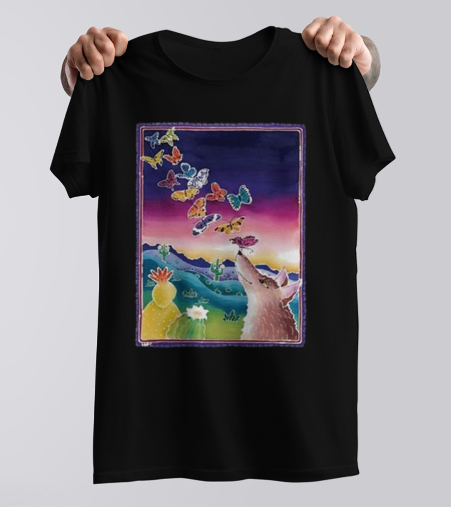 Jimmorris Smiles At Nature’s Wonders Colorful Desert Landscape With Coyote And Butterflies T-Shirt