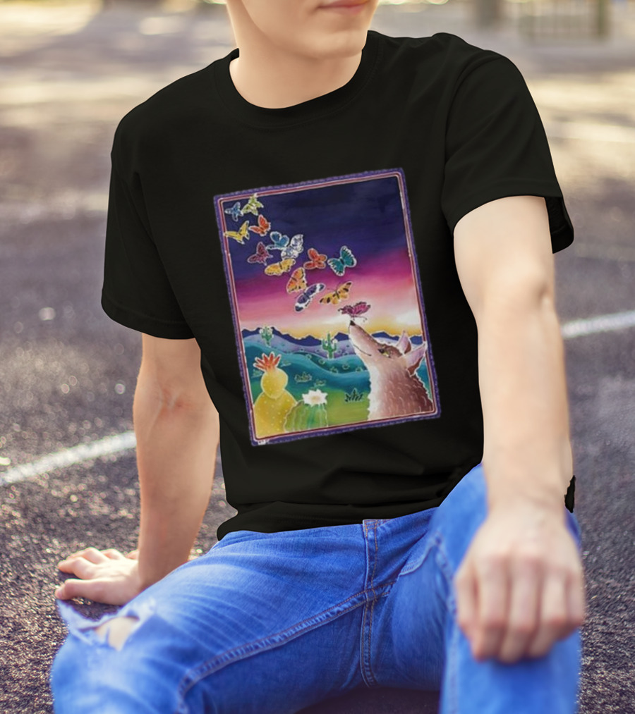 Jimmorris Smiles At Nature’s Wonders Colorful Desert Landscape With Coyote And Butterflies T-Shirt