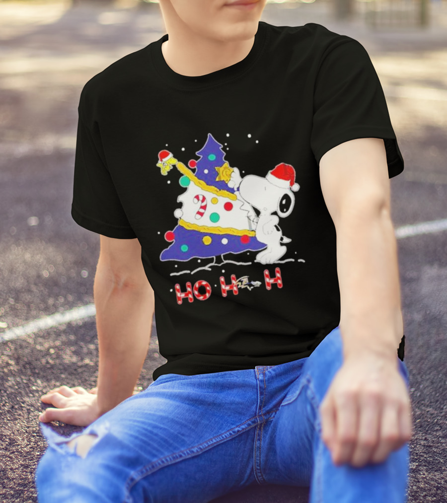 Ho Ho Ho Snoopy Woodstock Christmas Tree Baltimore Ravens T-Shirt