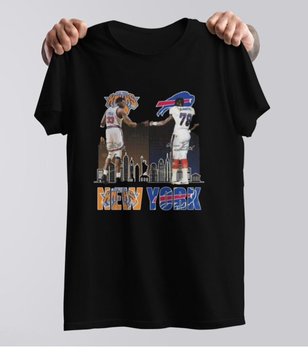 New York Knicks Buffalo Bills Cityscape Collaboration With Ewing And Smith Signatures T-Shirt