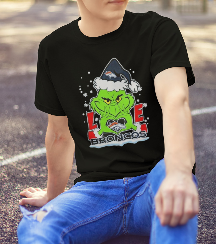 The Grinch Love Denver Broncos Christmas Football T-Shirt