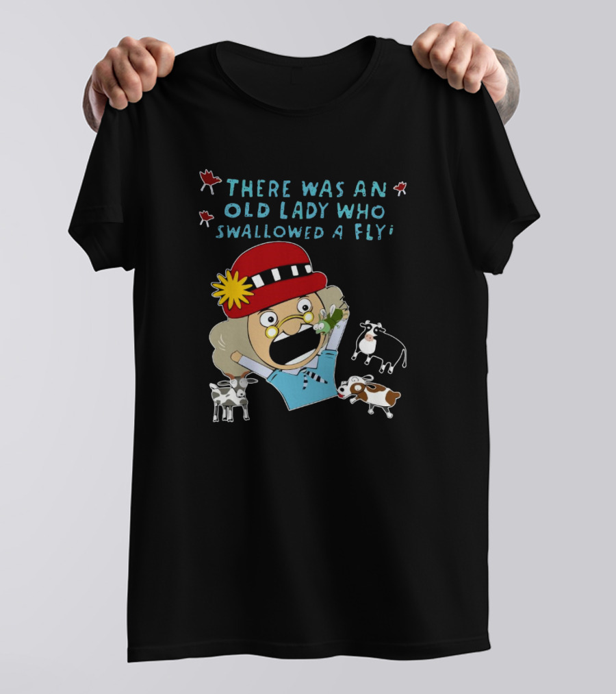 There Was An Old Lady Who Swallowed A Fly Black Funny Cartoon With Animals T-Shirt