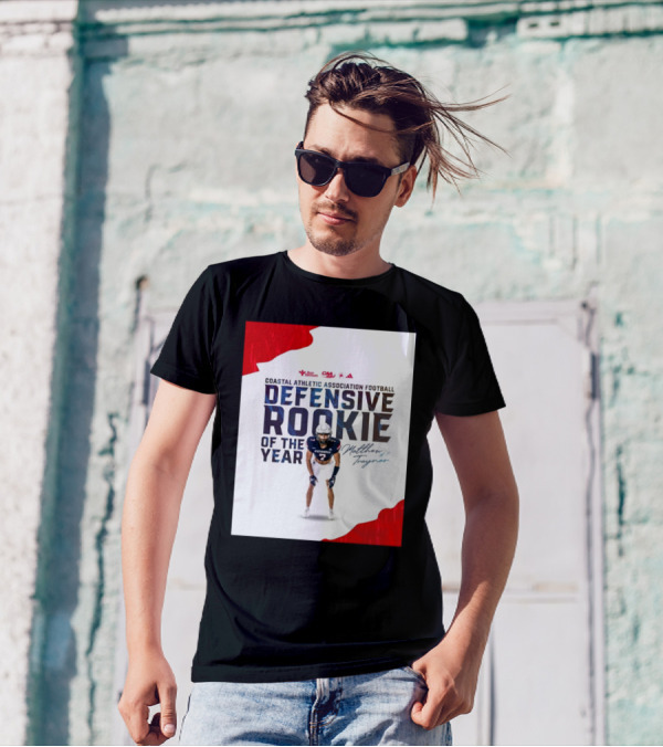 Coastal Athletic Association Football Defensive Rookie Of The Year Matthew Traynor Signature Richmond #2 Red Blue White Football Graphics T-Shirt