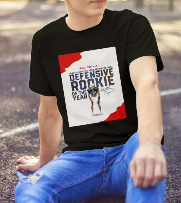 Coastal Athletic Association Football Defensive Rookie Of The Year Matthew Traynor Signature Richmond #2 Red Blue White Football Graphics T-Shirt