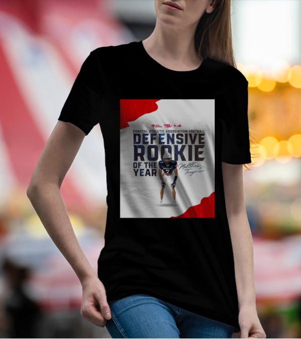 Coastal Athletic Association Football Defensive Rookie Of The Year Matthew Traynor Signature Richmond #2 Red Blue White Football Graphics T-Shirt