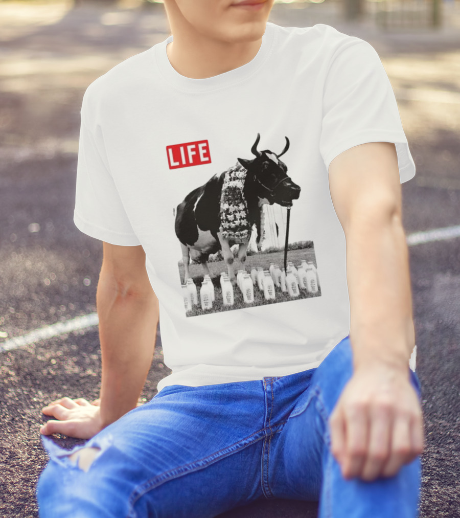 Life Magazine Cow With Milk Bottles And Floral Garland T-Shirt