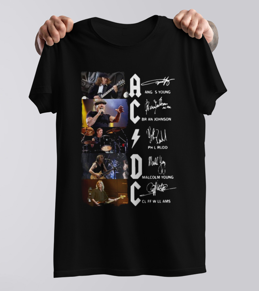 AC DC Angus Young Brian Johnson Phil Rudd Malcolm Young Cliff Williams Signatures Photos T-Shirt