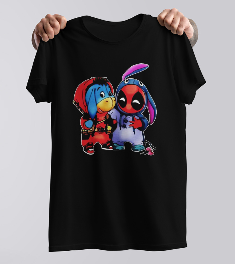 Baby Donkey And Deadpool In Cosplay Onesies With Bunny Ears And Red T-Shirt