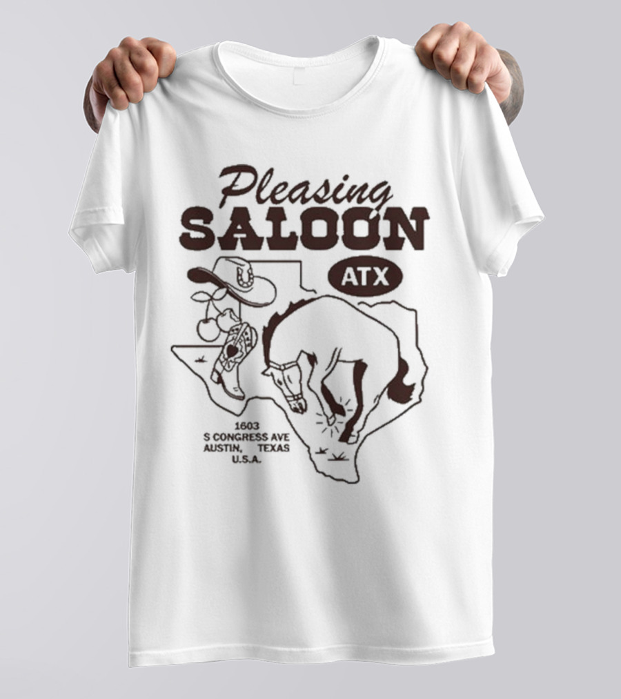 Pleasing Saloon ATX 1603 S Congress Ave Austin Texas USA Cowboy Horse Map T-Shirt