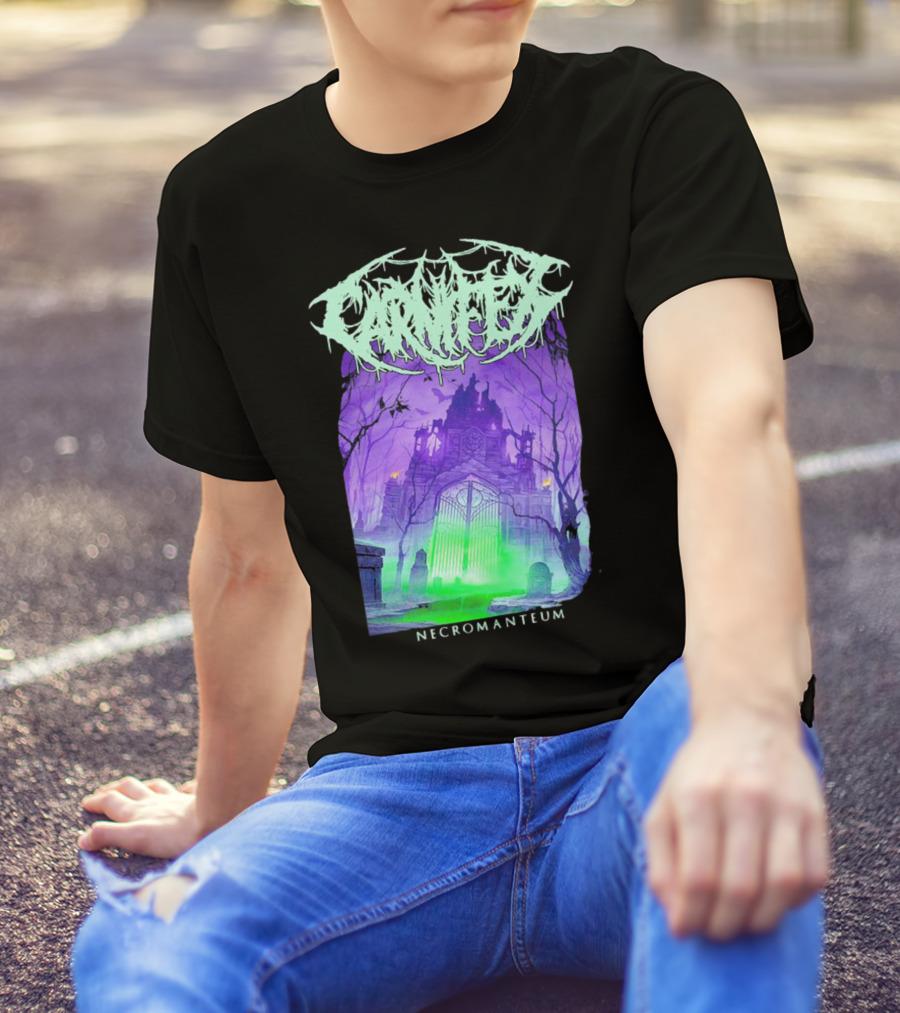 Carnifex Necromanteum Haunted Gothic Castle With Glowing Green And Purple Portal T-Shirt