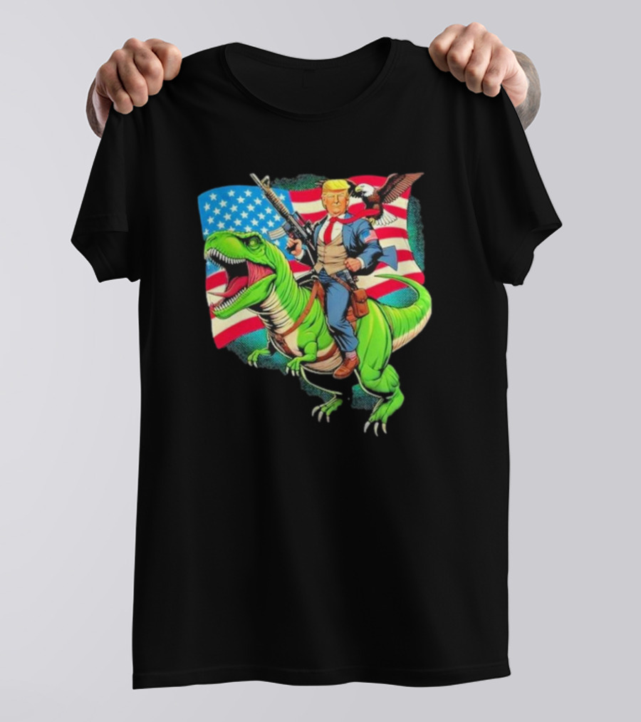 Bald Eagle US Flag Trump Dinosaur Riding Patriotic Scene T-Shirt