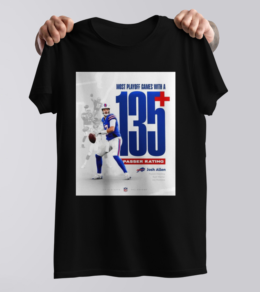 Buffalo Bills Josh Allen Most Playoff Games With A 135+ Passer Rating NFL Record Peyton Manning Kurt Warner Joe Montana T-Shirt