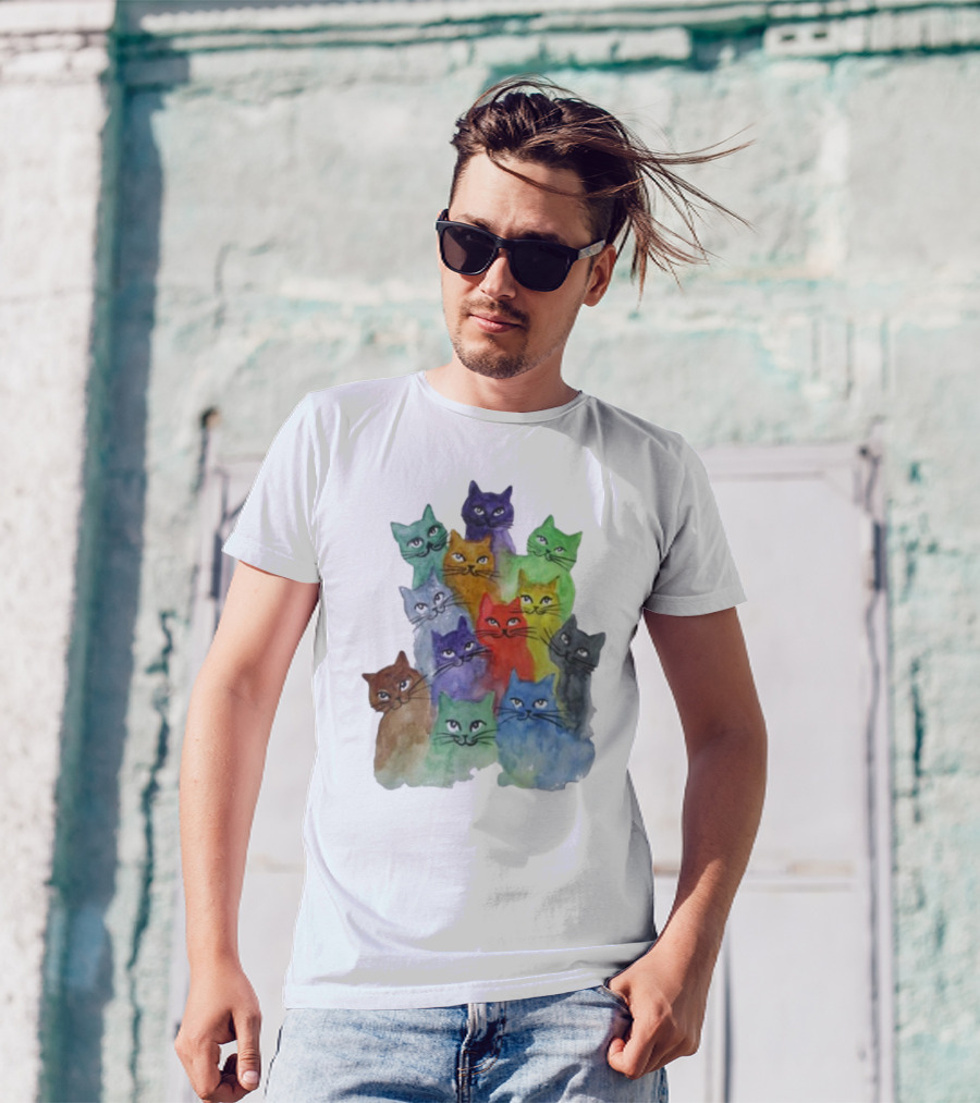 Cats All Around Colorful Watercolor Feline Faces T-Shirt