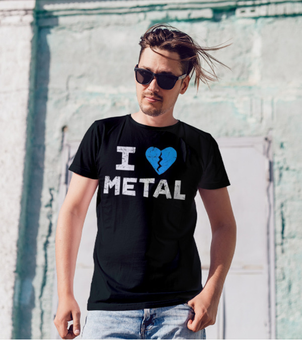 I Love Metal Broken Heart Blue Distressed Text T-Shirt