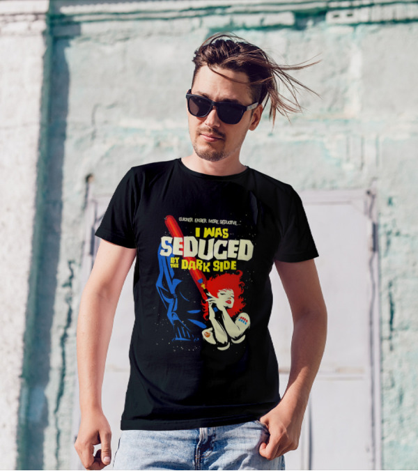 I Was Seduced By The Dark Side Cartoon Darth Vader And Redhead Woman T-Shirt
