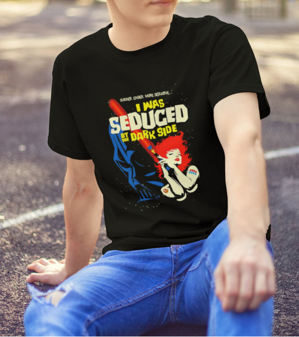 I Was Seduced By The Dark Side Cartoon Darth Vader And Redhead Woman T-Shirt