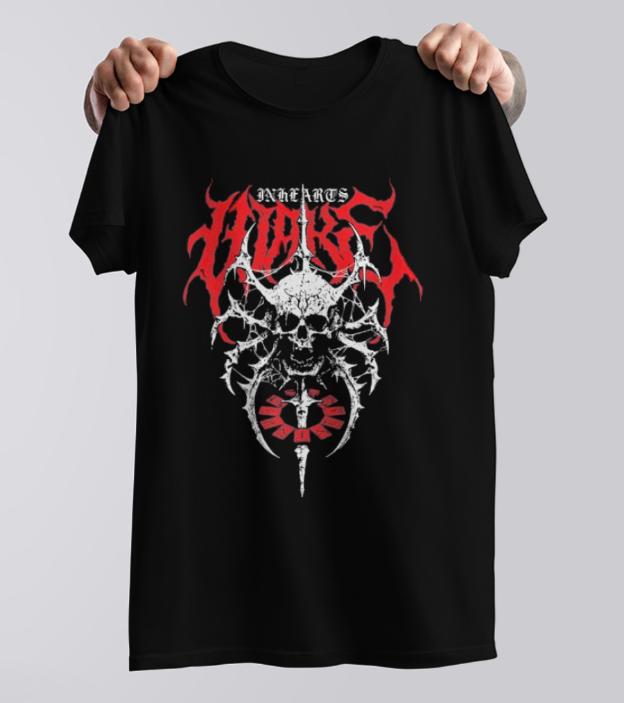 In Hearts Wake Skeletal Skull Red Text T-Shirt