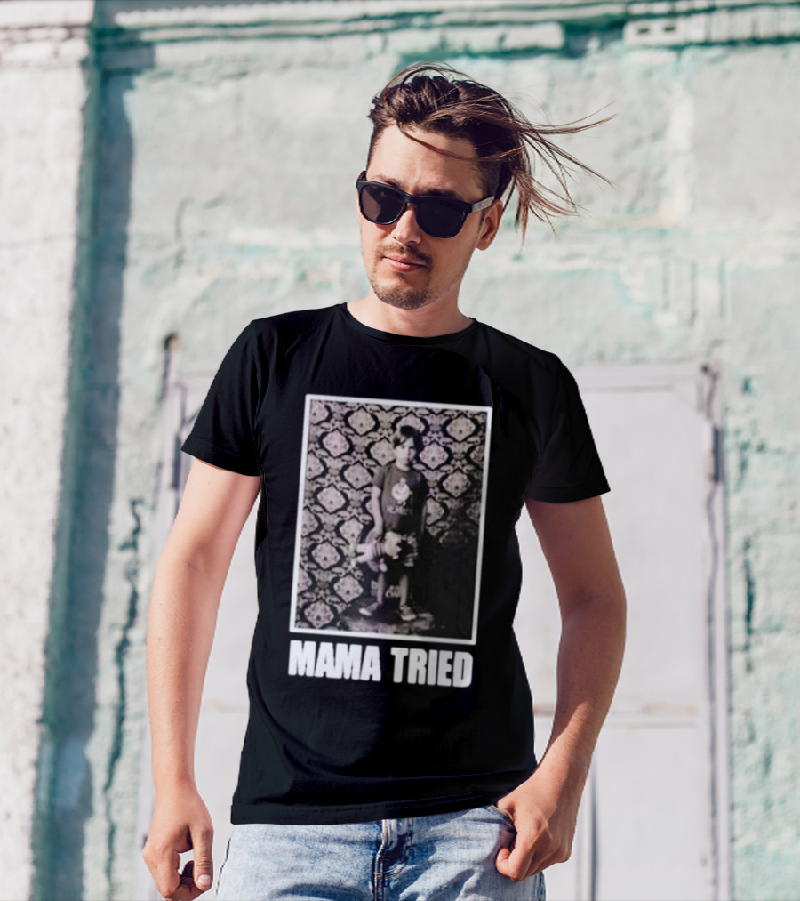 James Clark Mama Tried Child Holding Teddy On Abstract Wallpaper T-Shirt