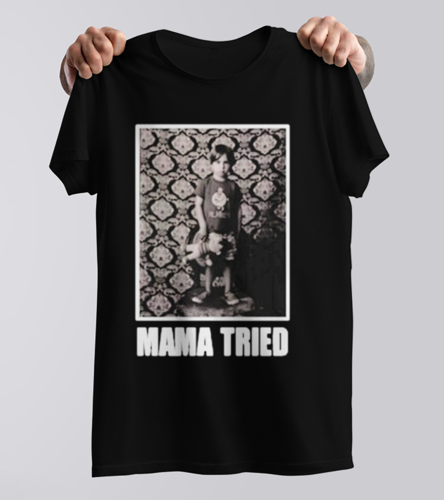 James Clark Mama Tried Child Holding Teddy On Abstract Wallpaper T-Shirt