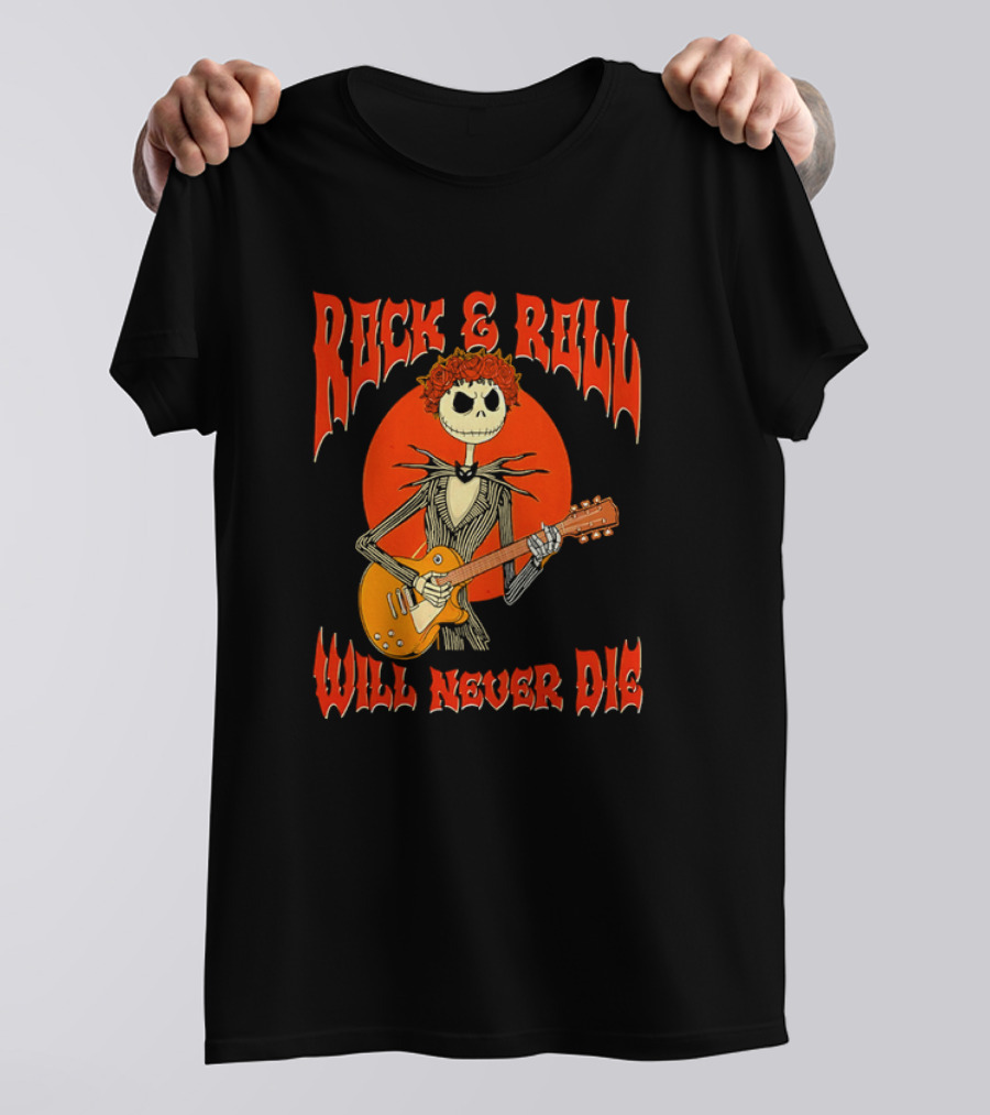Rock And Roll Will Never Die Jack Skellington Playing Guitar T-Shirt