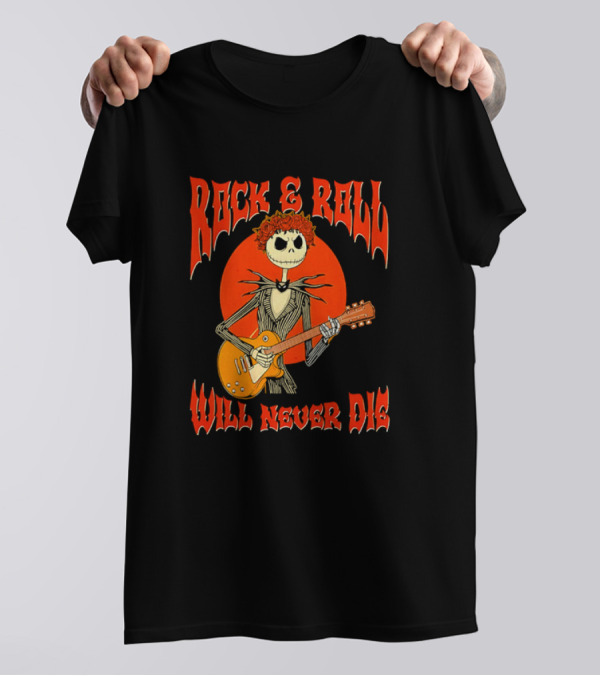Rock And Roll Will Never Die Jack Skellington Playing Guitar T-Shirt