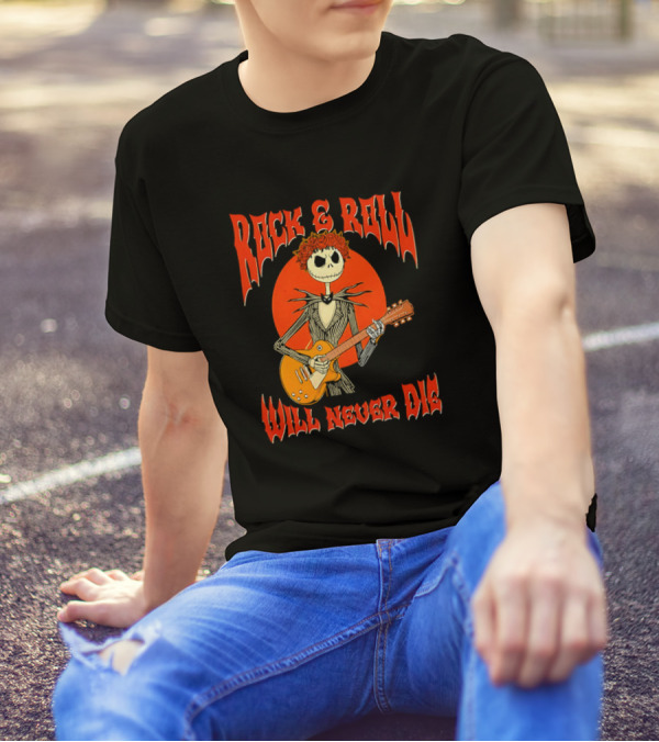 Rock And Roll Will Never Die Jack Skellington Playing Guitar T-Shirt
