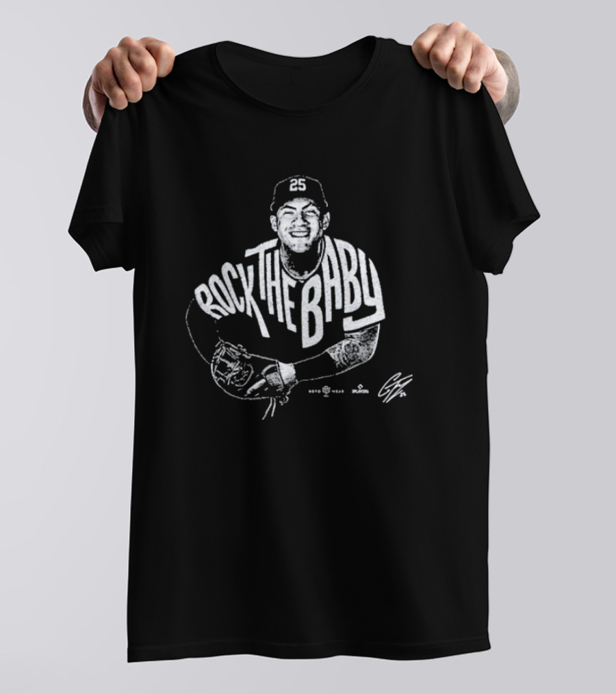 Rock The Baby Josh Naylor Baseball Pose White Outlined Player T-Shirt