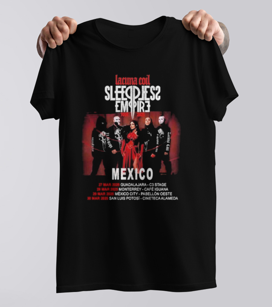 Lacuna Coil Sleepless Empire Tour 2025 Mexico Guadalajara Monterrey Dates T-Shirt