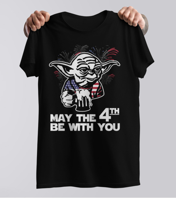 May The 4th Be With You Yoda American Flag Fireworks T-Shirt