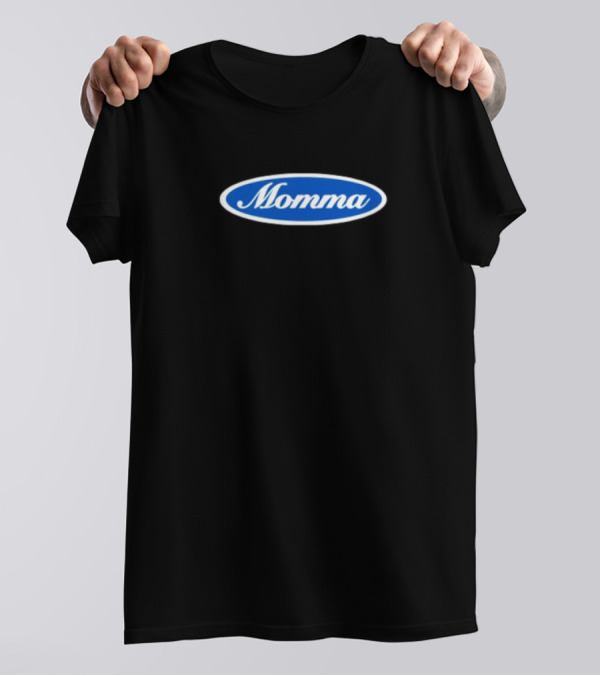 Momma Blue Oval White Script Text T-Shirt