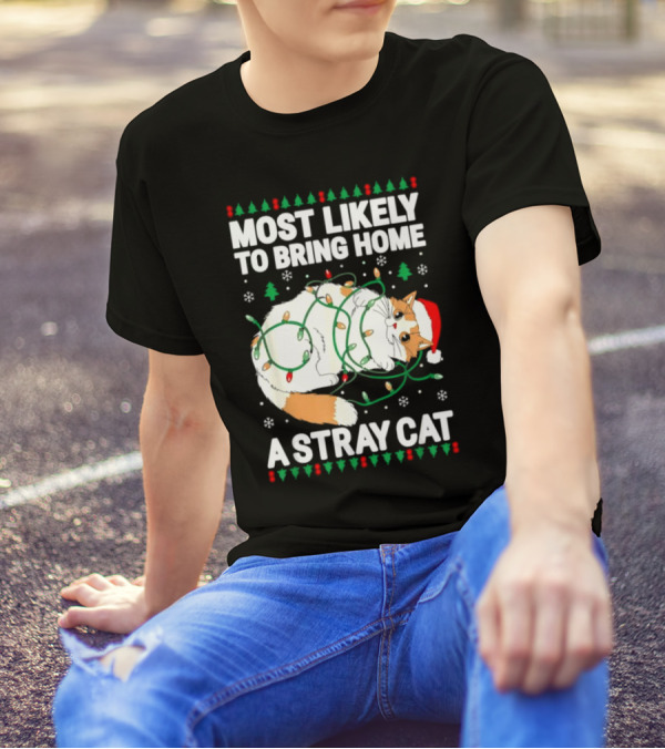 Most Likely To Bring Home A Stray Cat Christmas Lights Santa Hat Festive Holiday Cat T-Shirt