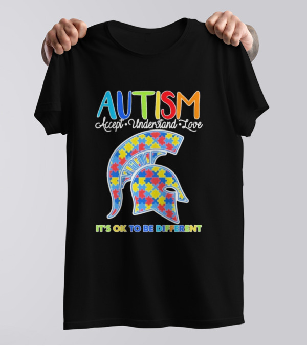 Autism Accept Understand Love It's OK To Be Different Puzzle Pattern Spartan Helmet T-Shirt