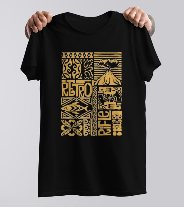Retro Rifle Lei Em Down Pacific Island Tiki Volcano Palm Tree Ocean Waves Design T-Shirt