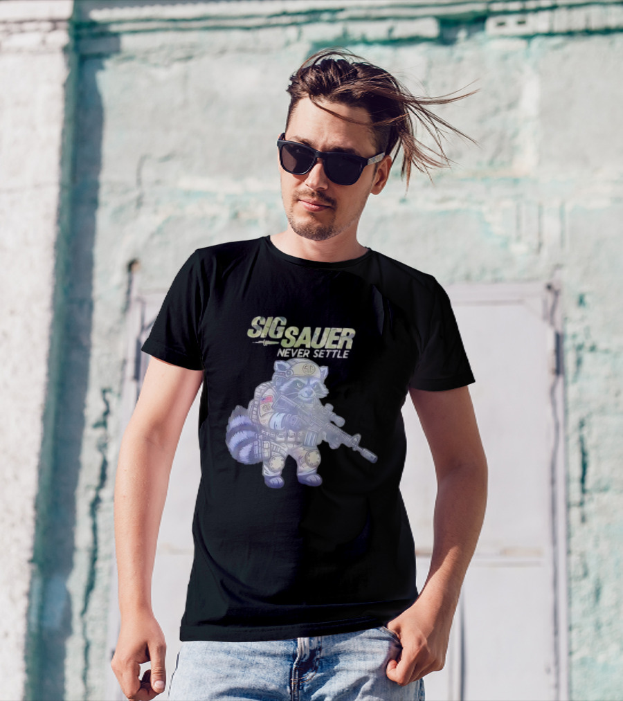 Raccoon Soldier Sig Sauer Never Settle Tactical Gear T-Shirt