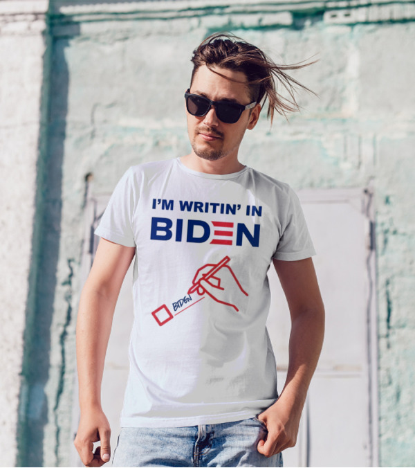 I’m Writin’ In Biden With Red Hand Drawing And Pen Icon T-Shirt