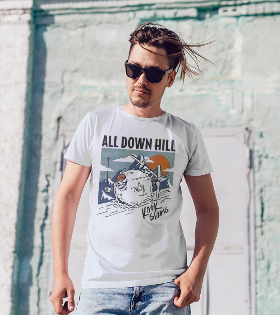 Kook Slams All Down Hill Skiing Adventure Orange Sunset Rugged Mountains T-Shirt