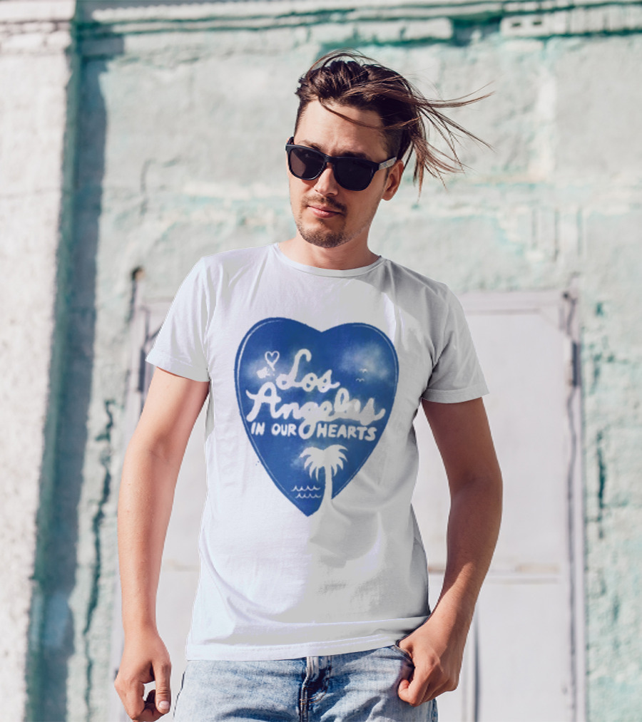 Los Angeles In Our Hearts Blue Heart With Palm Tree T-Shirt
