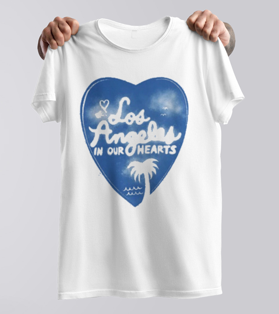 Los Angeles In Our Hearts Blue Heart With Palm Tree T-Shirt