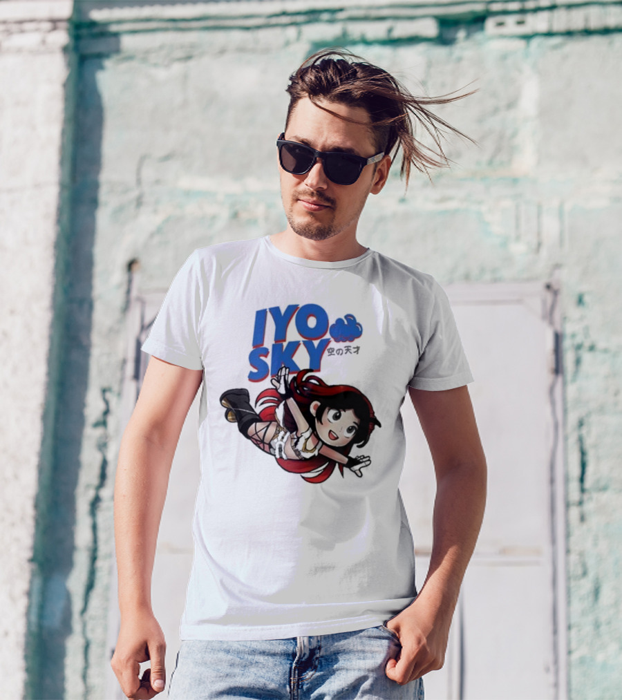 Iyo Sky Anime Character With Red And Black Hair Floating In The Clouds T-Shirt