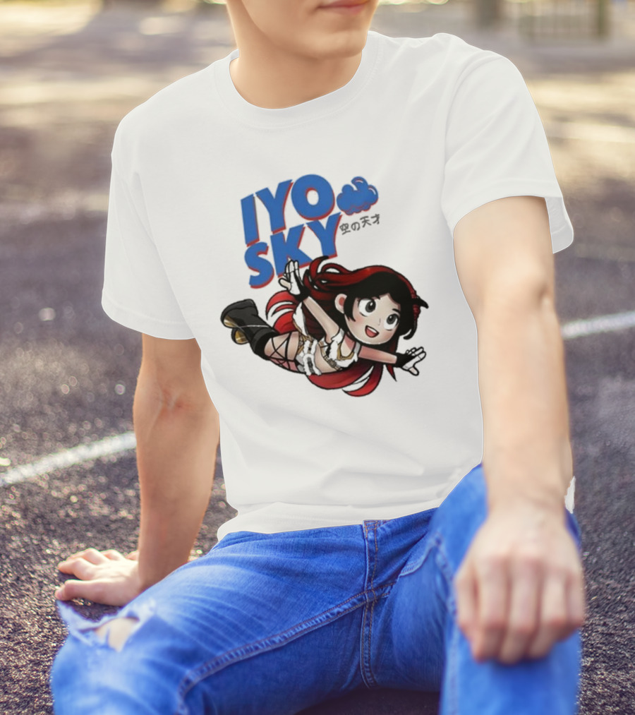 Iyo Sky Anime Character With Red And Black Hair Floating In The Clouds T-Shirt