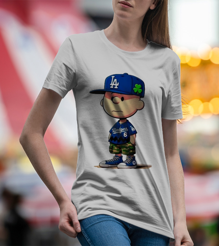 Los Angeles Dodgers Charlie Brown St. Patrick's Day LA Hat Clover Dodgers 6 Jersey T-Shirt