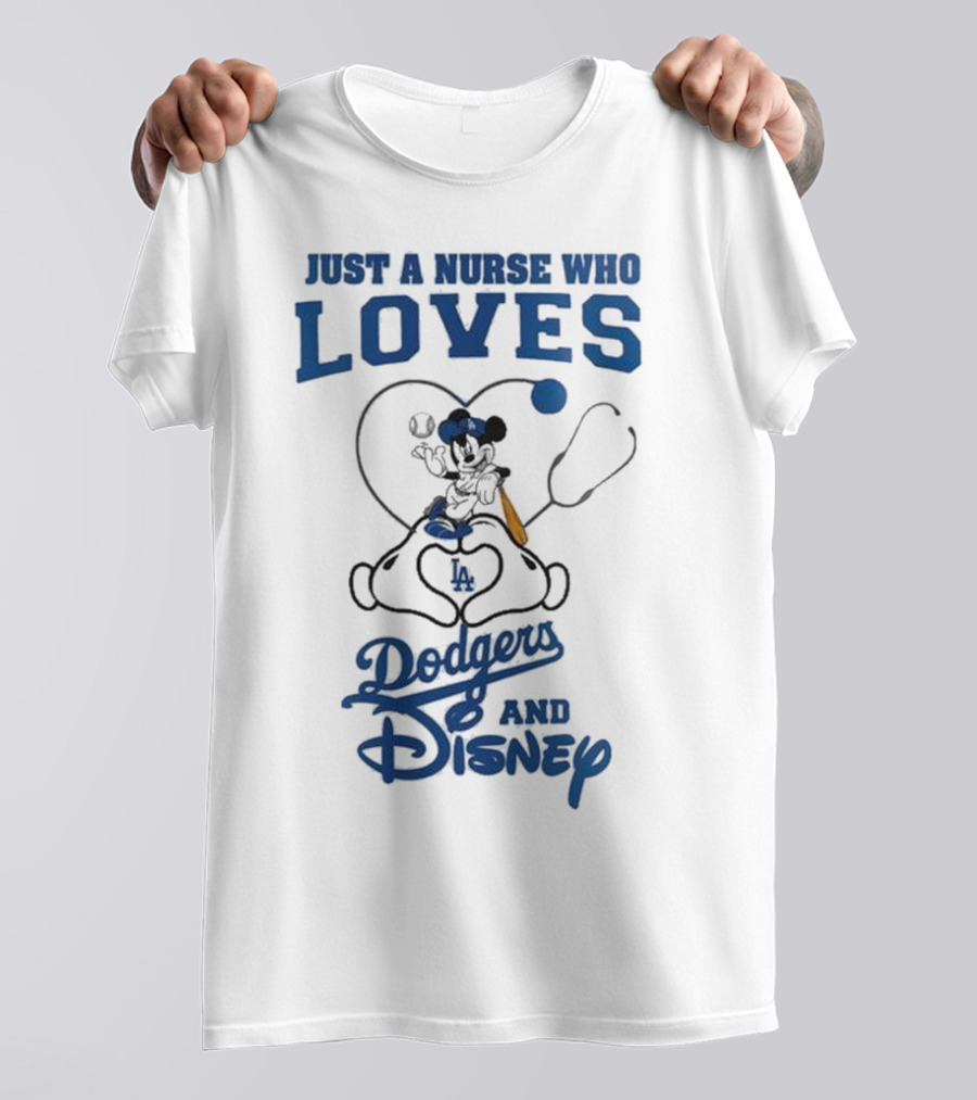 Just A Nurse Who Loves Dodgers And Disney Mickey Mouse Baseball T-Shirt